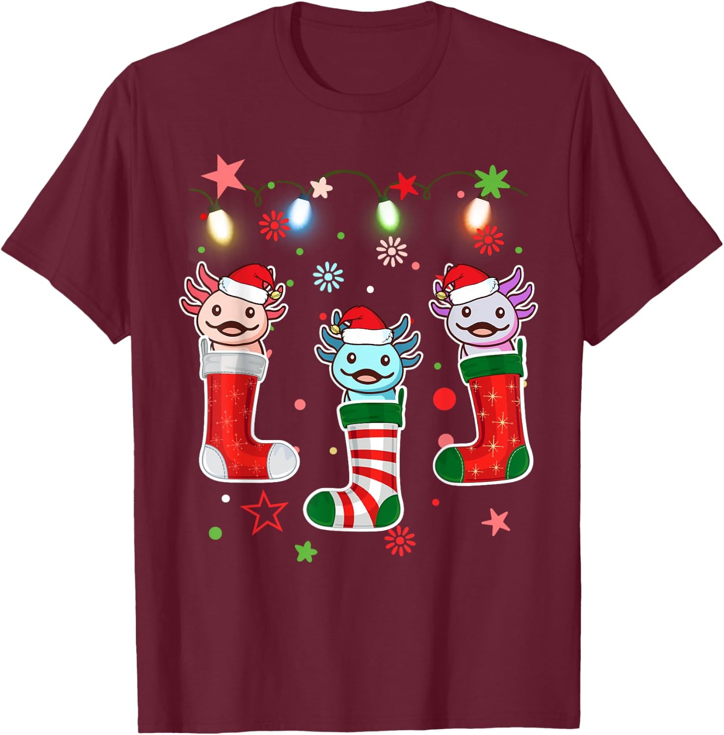 Kawaii Axolotl Christmas Stocking Kid Youth Teen Pajamas Pjs T-Shirt - T-Shirt | Maroon