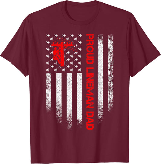 Vintage USA American Flag Proud Lineman Dad Distressed Funny T-Shirt - T-Shirt | Maroon