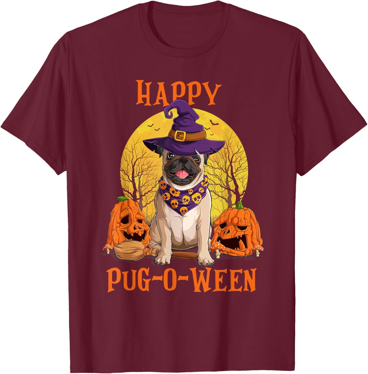 Funny Halloween Costumes for Pugs Lovers - Pumpkin Witch Pug T-Shirt - T-Shirt | Maroon