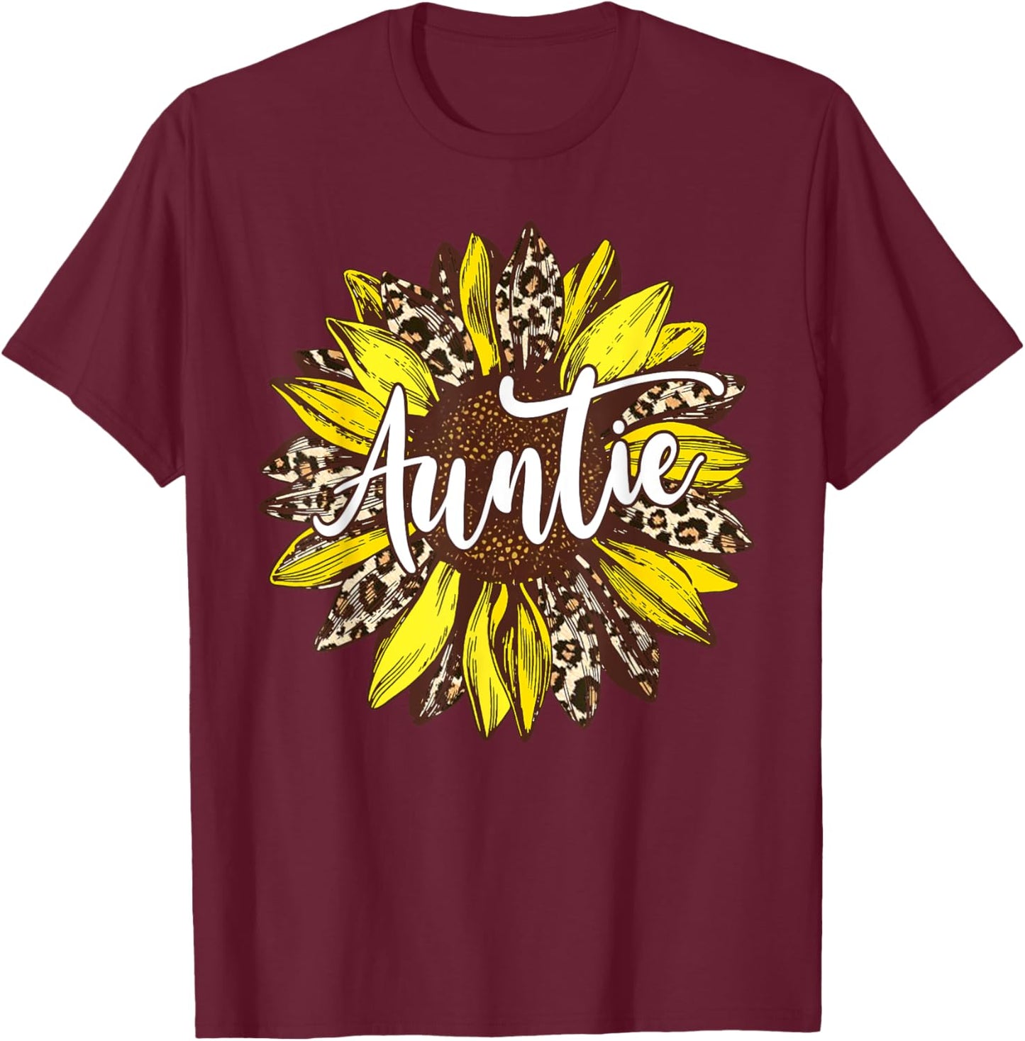 Auntie Leopard Print Sunflower Flower T-Shirt - T-Shirt | Maroon