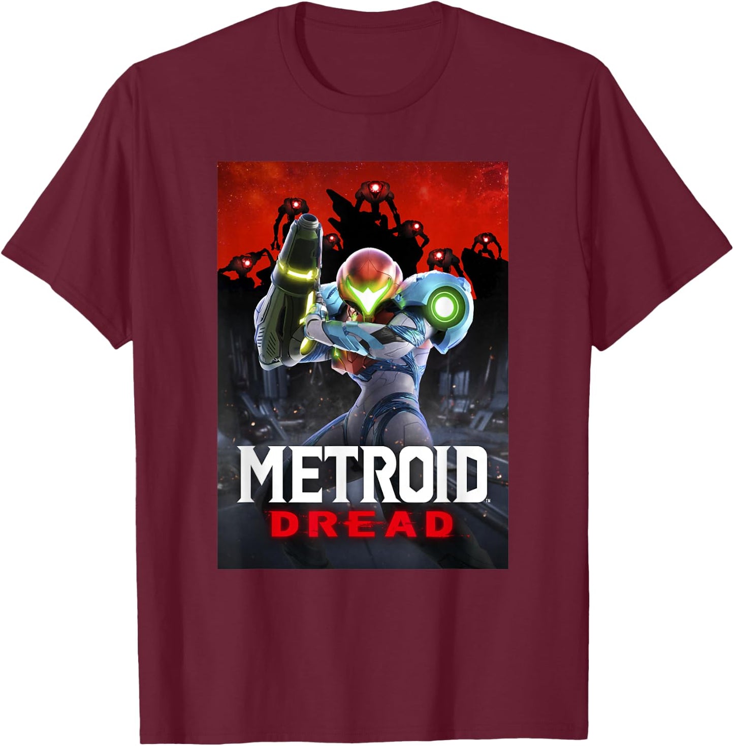 Metroid Dread Samus Surrounded Red Planet Battle Poster T-Shirt - T-Shirt | Maroon