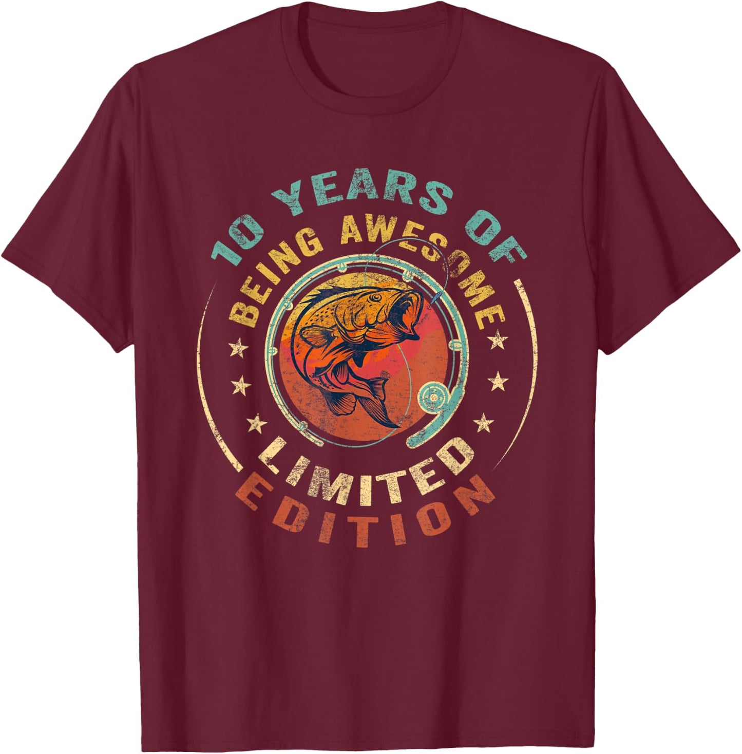 Turning 10 | 10 Year Old Birthday | 10th Birthday Fishing T-Shirt - T-Shirt | Maroon