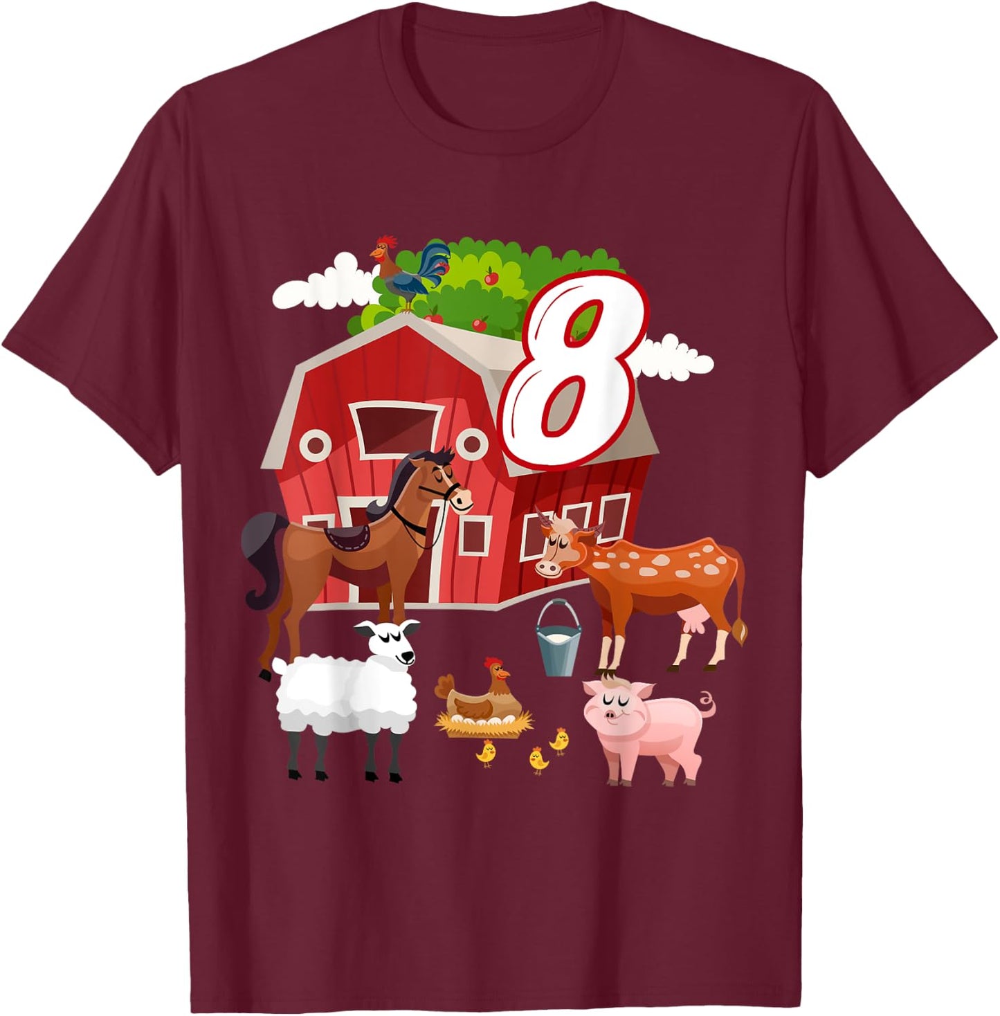 8th Birthday Farming Farm Animal 8 Year Old B-Day Party T-Shirt - T-Shirt | Maroon