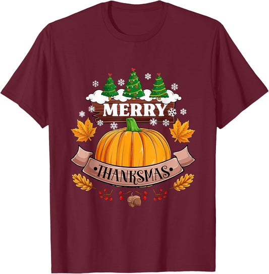 Funny Merry Thanksmas Festive Thanksgiving Christmas Pumpkin T-Shirt - T-Shirt | Maroon