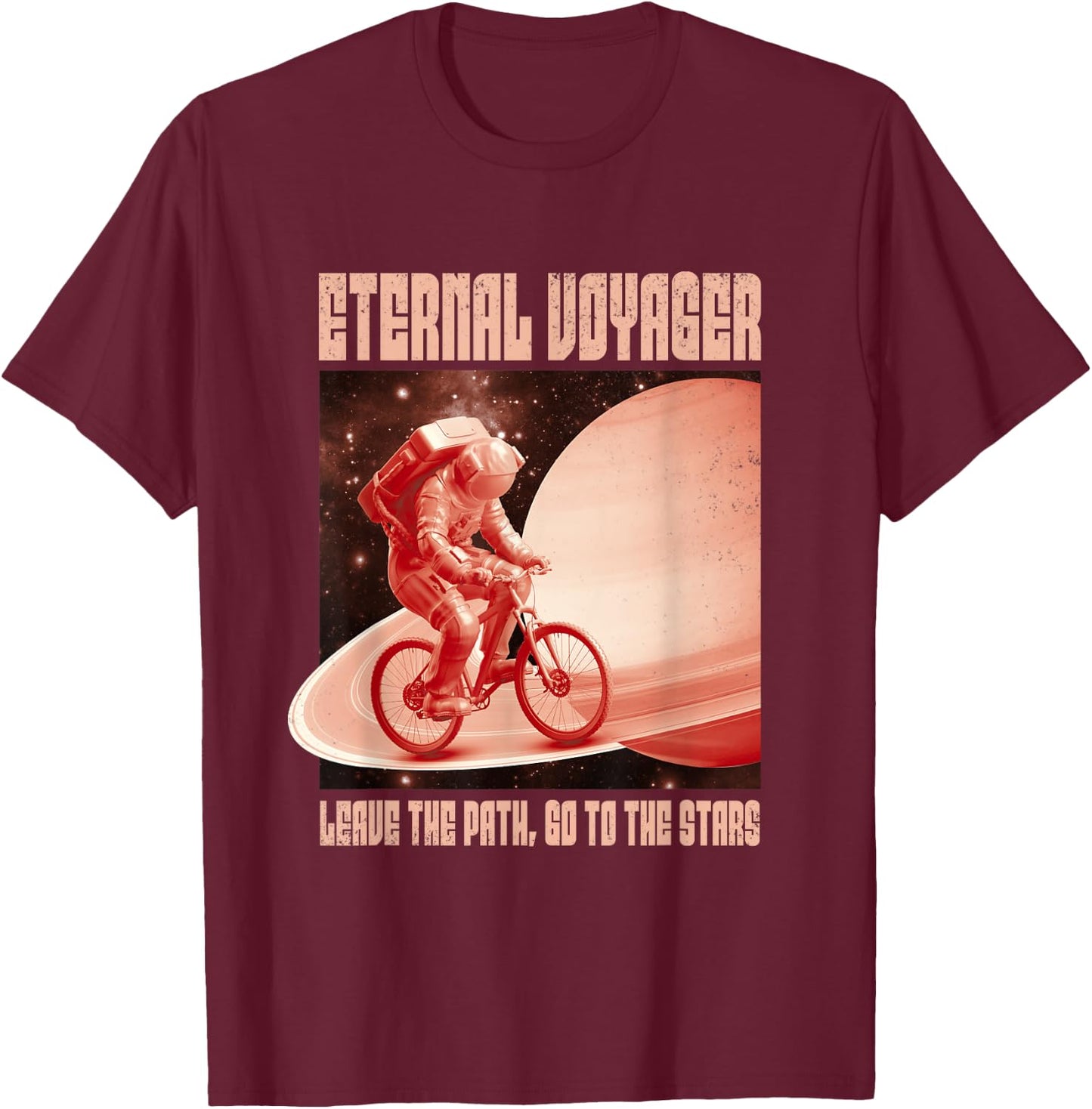 Eternal Voyager Astronaut on Bike Saturn Planet Graphic T-Shirt - T-Shirt | Maroon