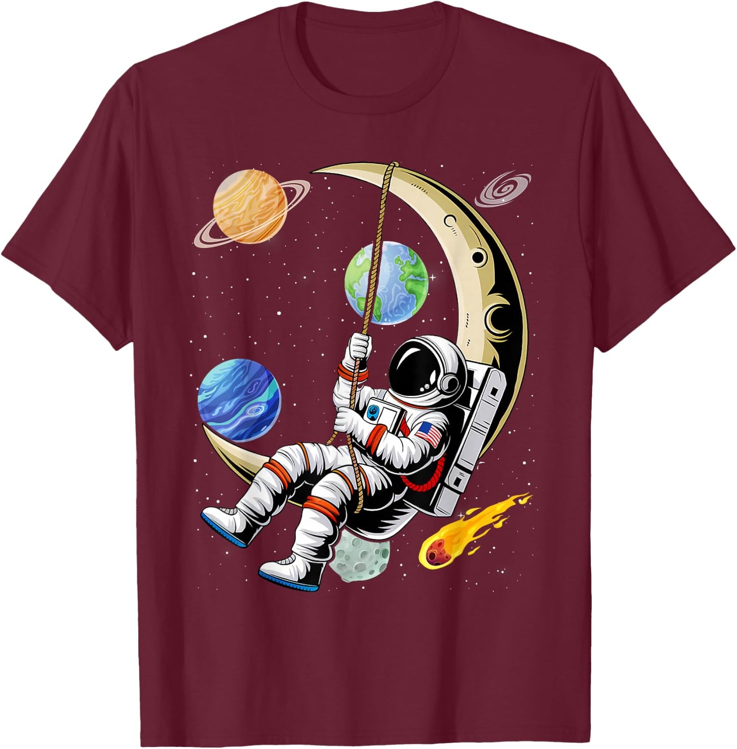 Astronaut Moon Swing Planets Space Galaxy Women Kids Men T-Shirt - T-Shirt | Maroon