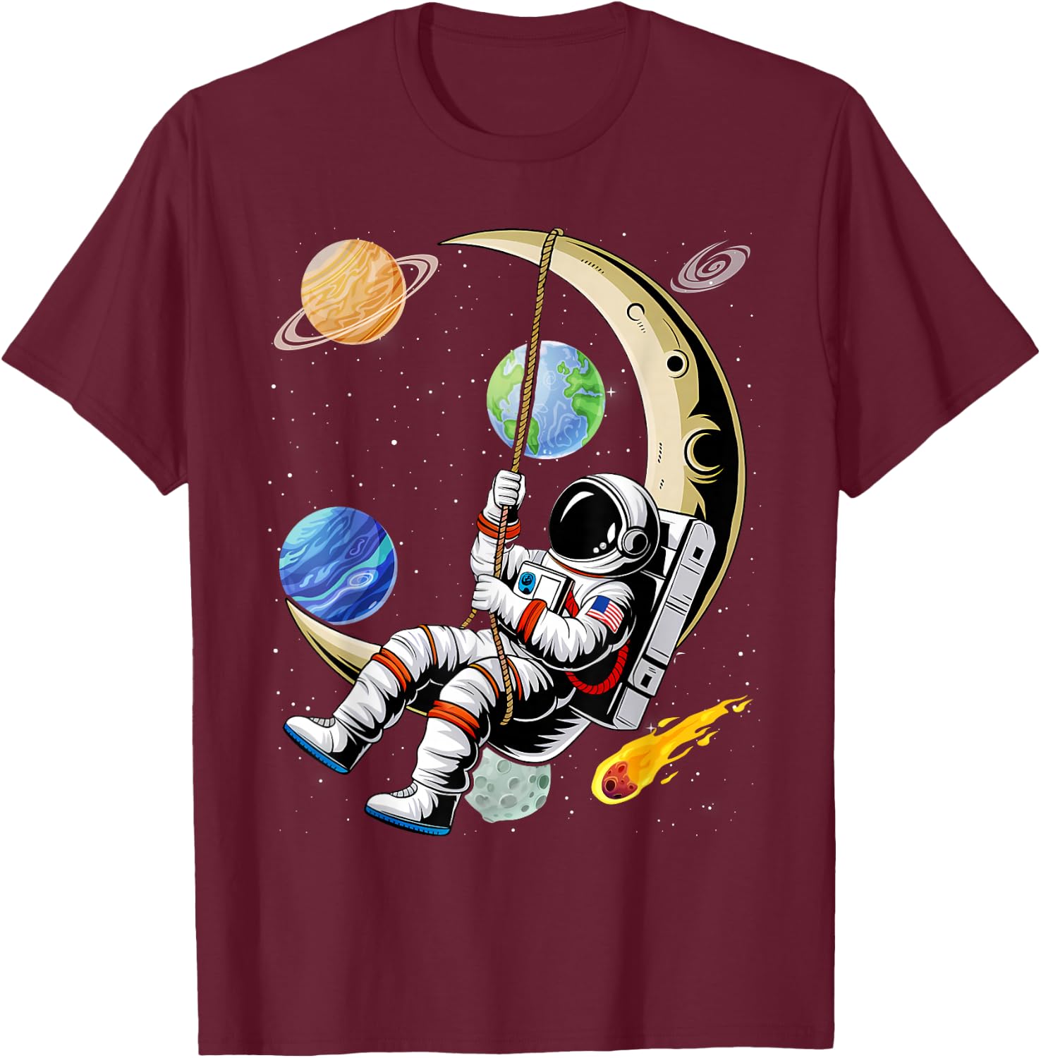 Astronaut Moon Swing Planets Space Galaxy Women Kids Men T-Shirt - T-Shirt | Maroon