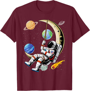 Astronaut Moon Swing Planets Space Galaxy Women Kids Men T-Shirt - T-Shirt | Maroon