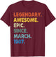 Legendary Awesome Epic Since March 1987 Birthday Vintage T-Shirt - T-Shirt | Maroon
