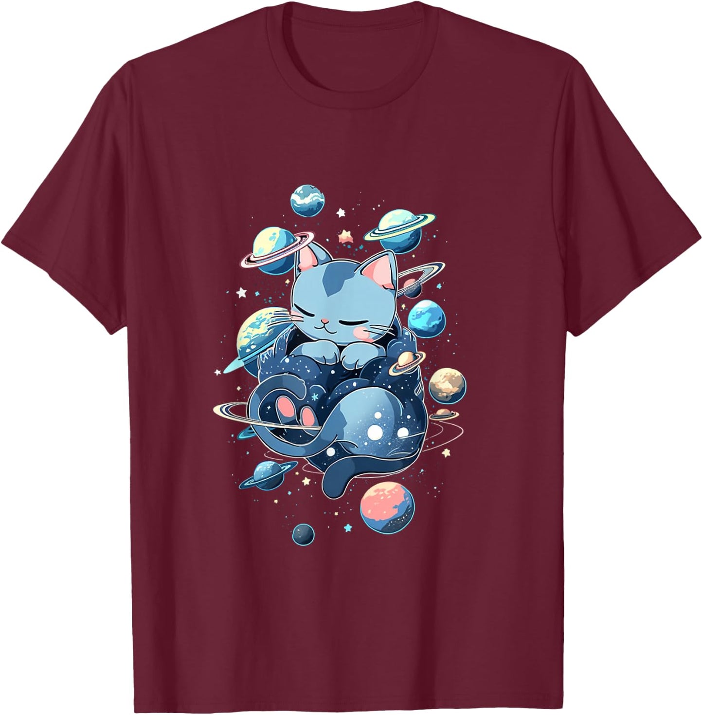 Space Cat - Kitty and Planets in Space T-Shirt - T-Shirt | Maroon