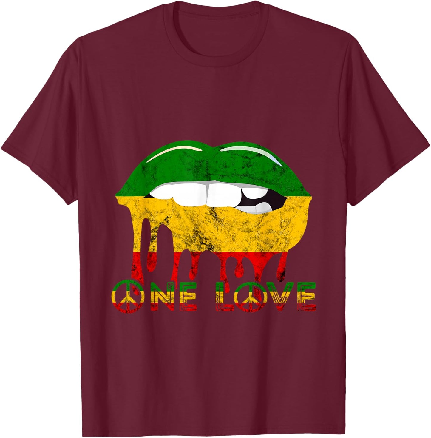 Rasta Reggae Lips Mouth Jamaican Music One Pride Love T-Shirt - T-Shirt | Maroon