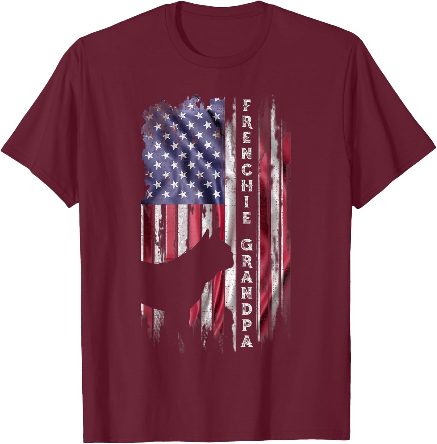 USA Flag Proud French Bulldog Grandpa Frenchie Silhouette T-Shirt - T-Shirt | Maroon