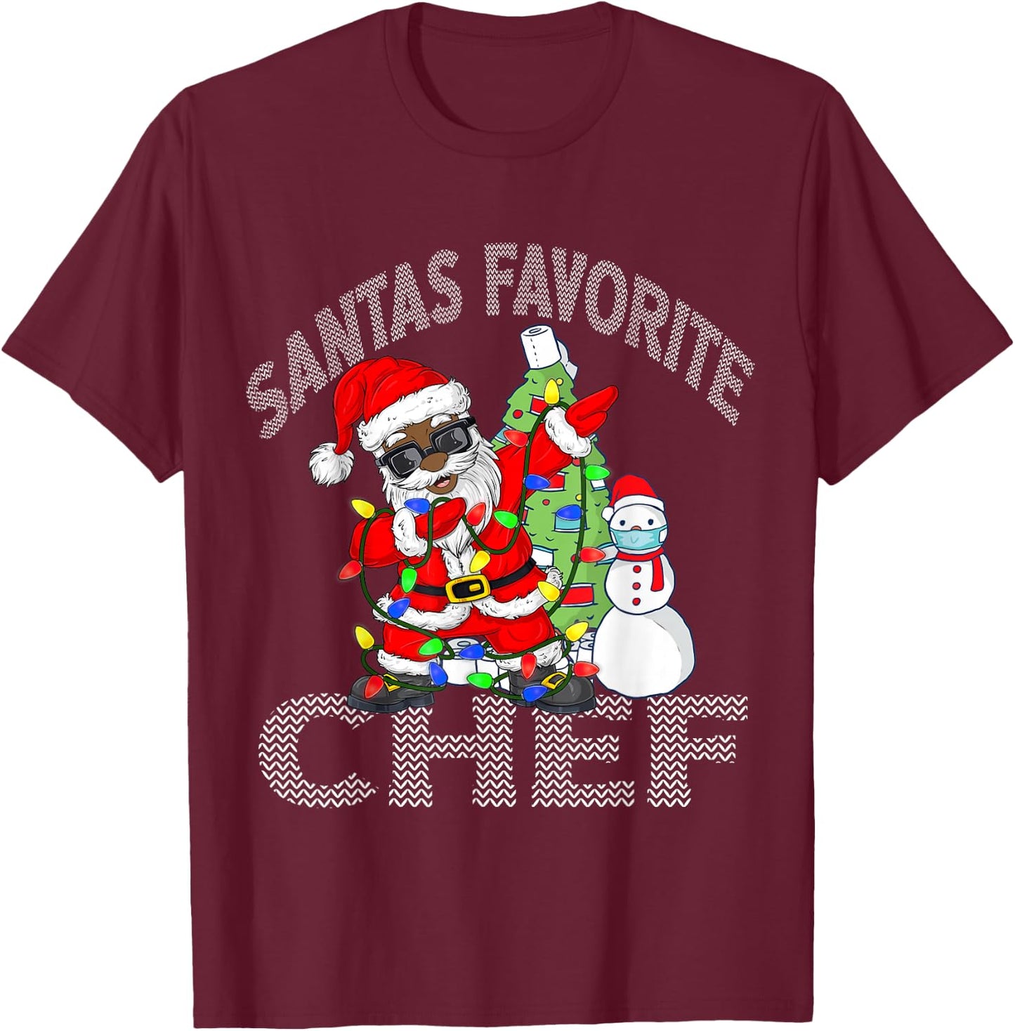 Black African American Santa Favorite Chef Ugly Christmas T-Shirt - T-Shirt | Maroon