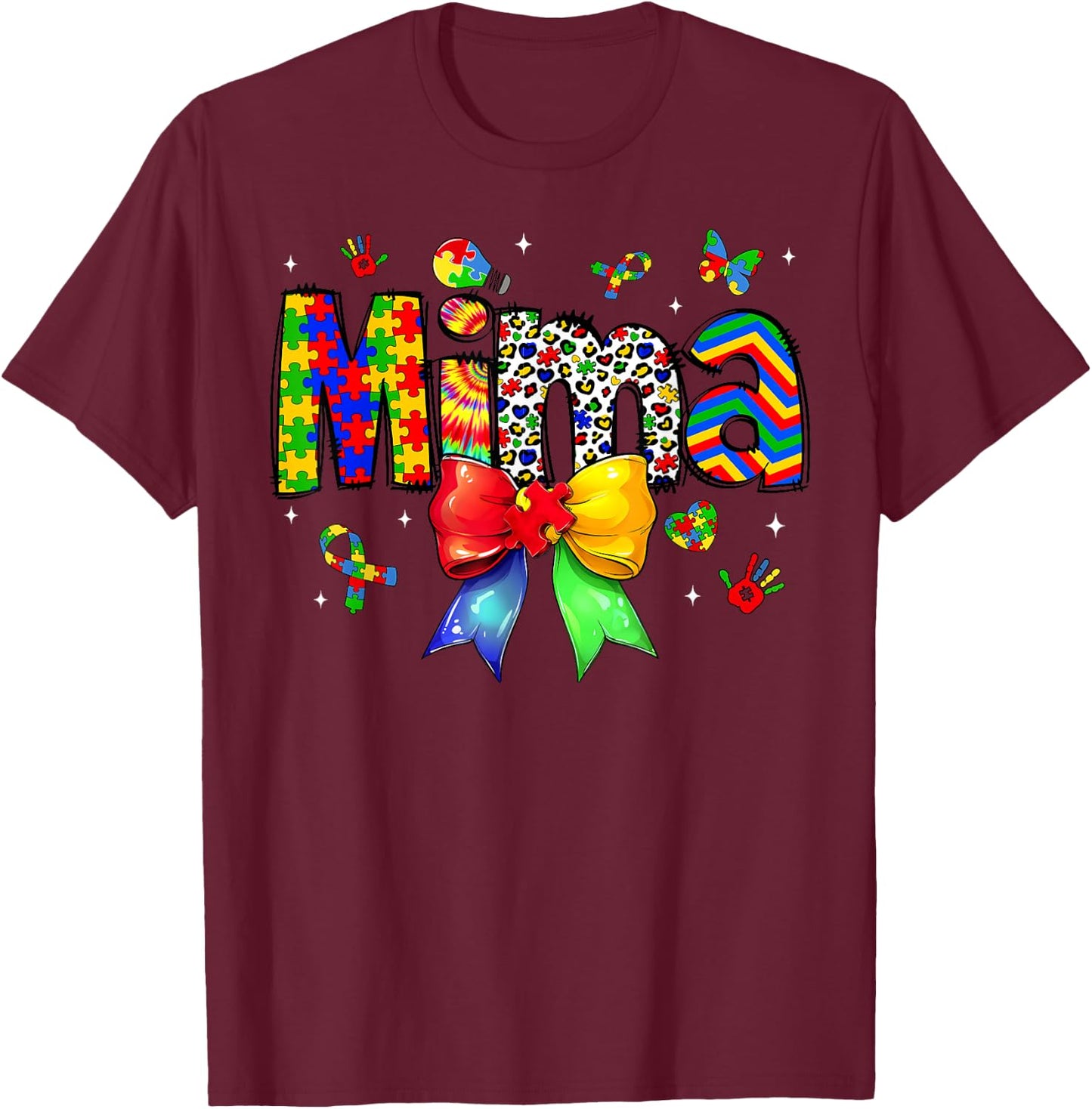 Mima Autism Awareness Day Puzzle Coquette Bow Matching T-Shirt - T-Shirt | Maroon