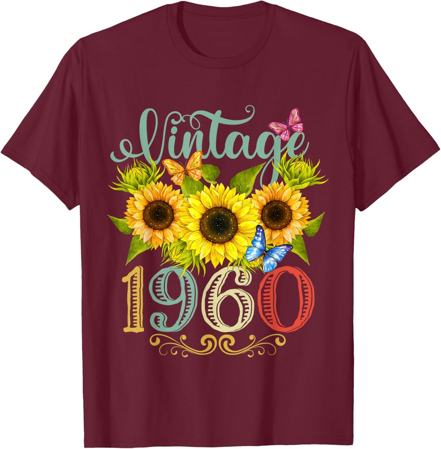 Sunflower Floral Butterfly Vintage 1960 Funny 65th Birthday T-Shirt - T-Shirt | Maroon