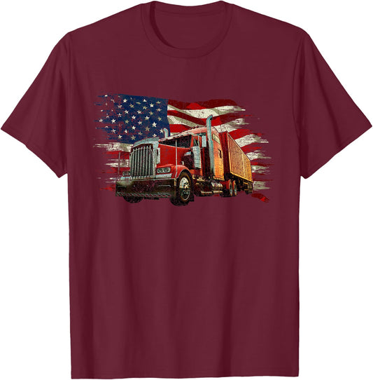 Retro Vintage Semi Truck Driver 18 Wheeler Trucker USA Flag T-Shirt - T-Shirt | Maroon