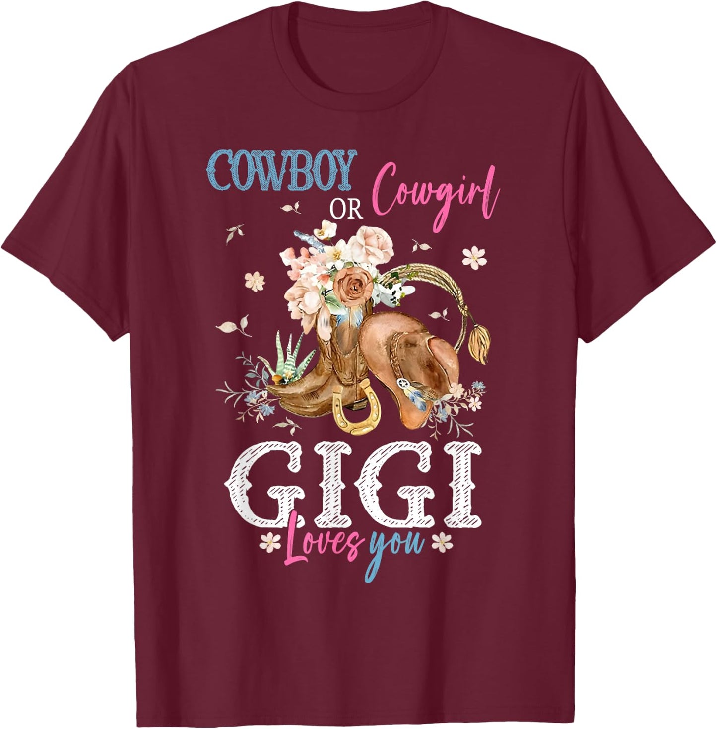 Cowboy or Cowgirl Gender Reveal Party Announcement Gigi T-Shirt - T-Shirt | Maroon
