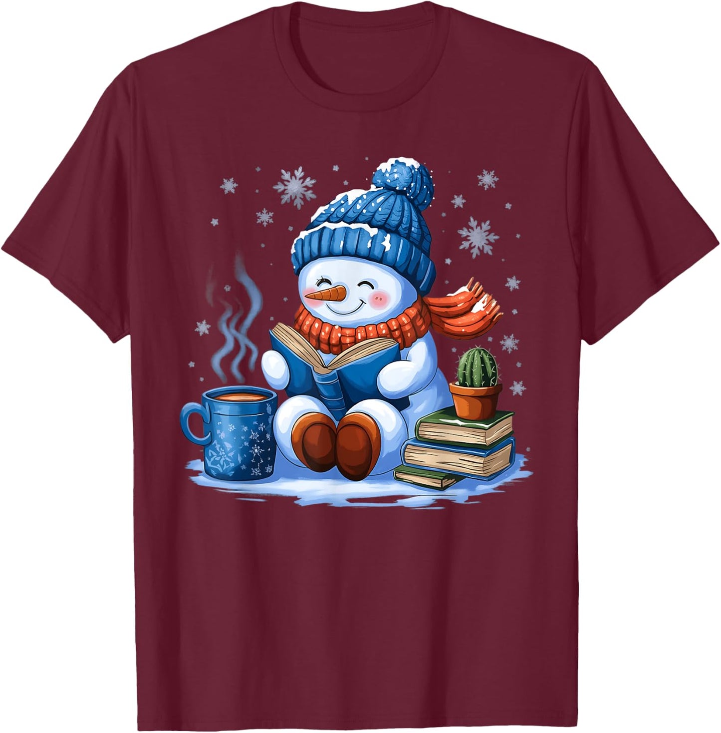 Snowman Reading Book Lovers Christmas Bookworm Librarian T-Shirt - T-Shirt | Maroon