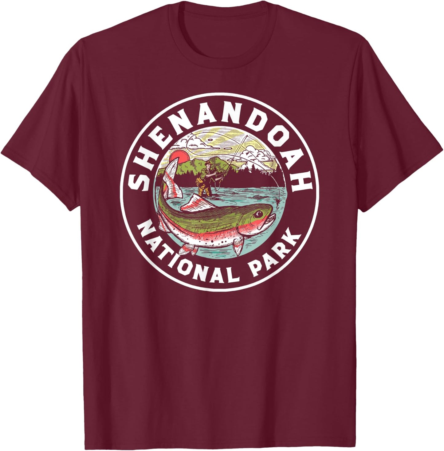 Shenandoah Fly Fishing Artistic Trout Fisherman Graphic T-Shirt - T-Shirt | Maroon