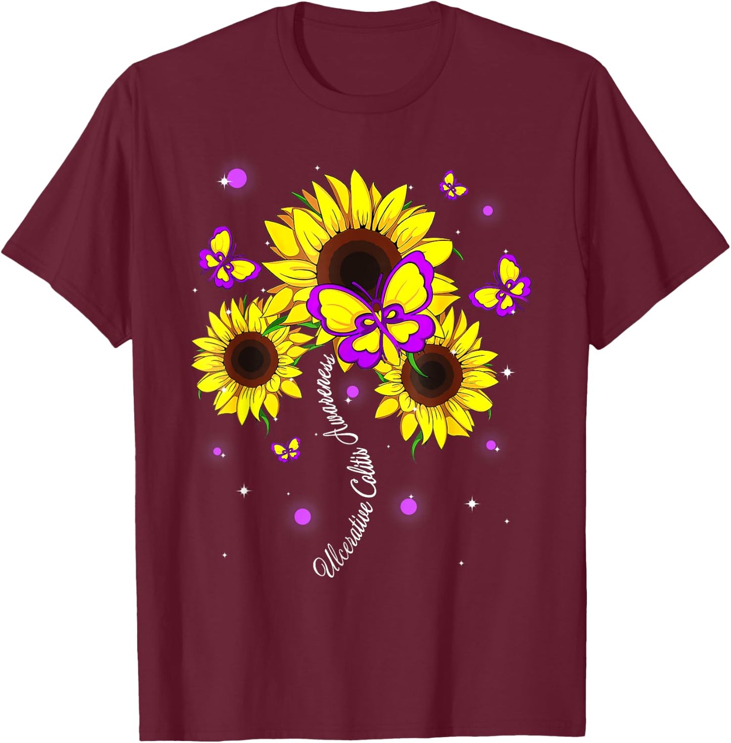 Ulcerative Colitis Awareness Sunflower Butterfly Ribbon T-Shirt - T-Shirt | Maroon