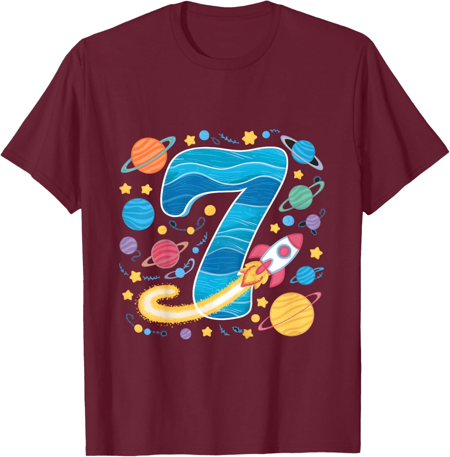 Kids 7th Birthday Boys 7 Years Planets Space Birthday T-Shirt - T-Shirt | Maroon