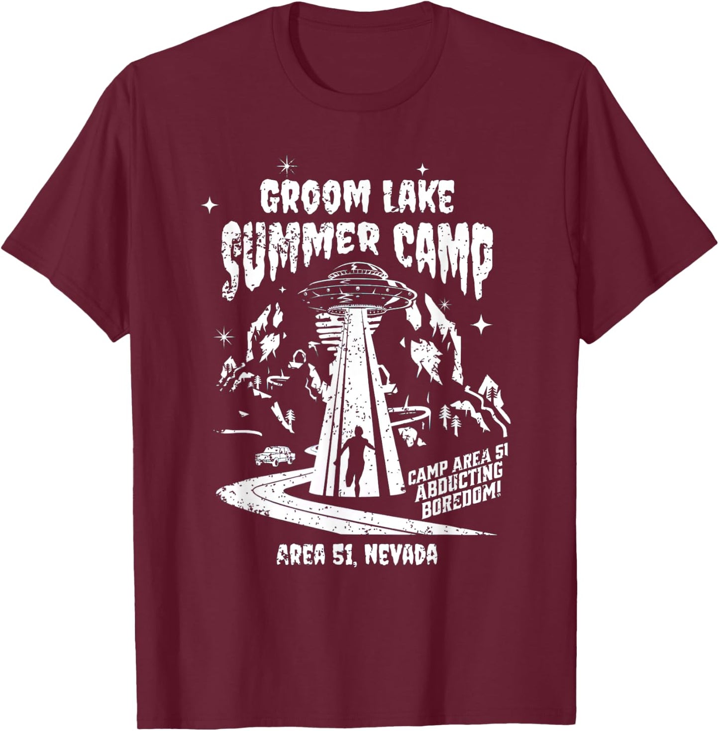 Groom Lake Summer Camp - Funny Area 51 Alien UFO Graphic T-Shirt - T-Shirt | Maroon