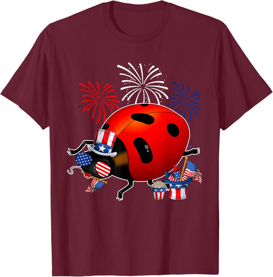 Ladybug Holding American Flag Sunglasses Happy 4th Of July T-Shirt - T-Shirt | Maroon