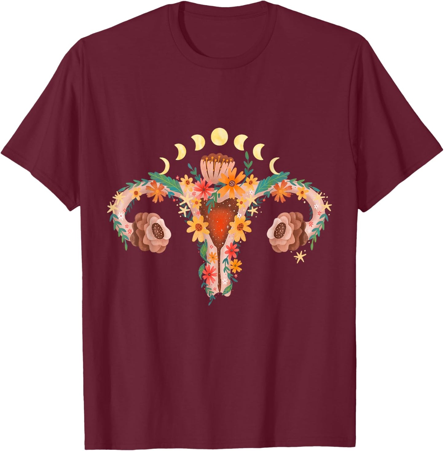 Uterus with Flowers and Moon Phases Retro Vagina T-Shirt - T-Shirt | Maroon