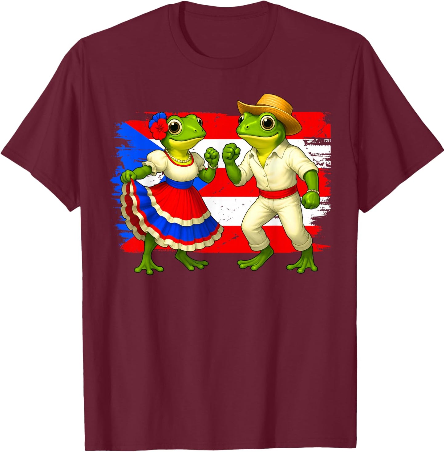 Dancing Coqui Frogs Traditional Dancer Boricua Puerto Rico T-Shirt - T-Shirt | Maroon