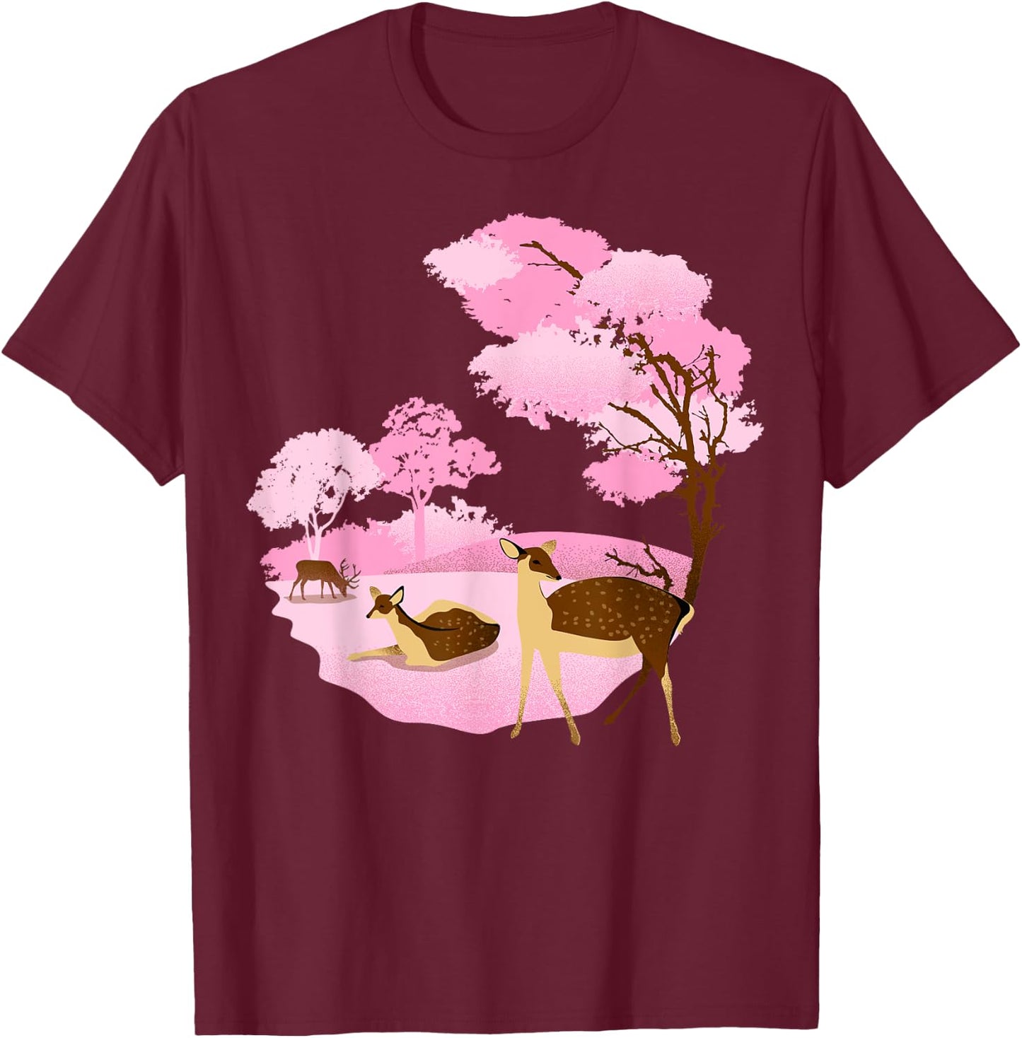 Japanese Landmark Nara Park Pink Deer T-Shirt - T-Shirt | Maroon