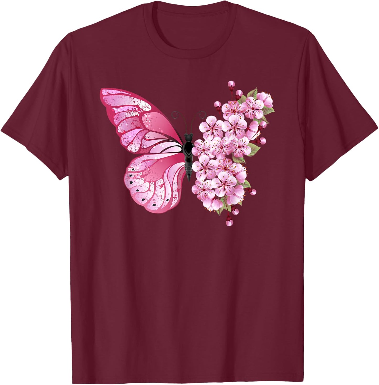 Beautiful Butterfly Flower Mix - Pink Japanese Cherry T-Shirt - T-Shirt | Maroon