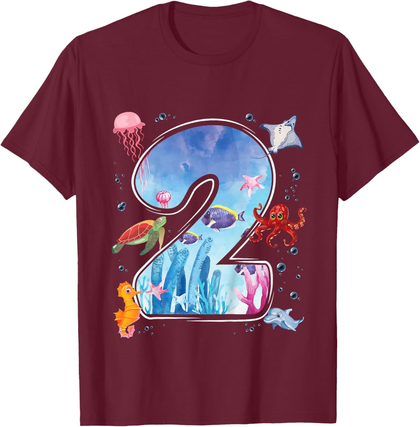 Kids 2nd Birthday Party Ocean 2 Year Old Sea Fish Aquarium Boy T-Shirt - T-Shirt | Maroon