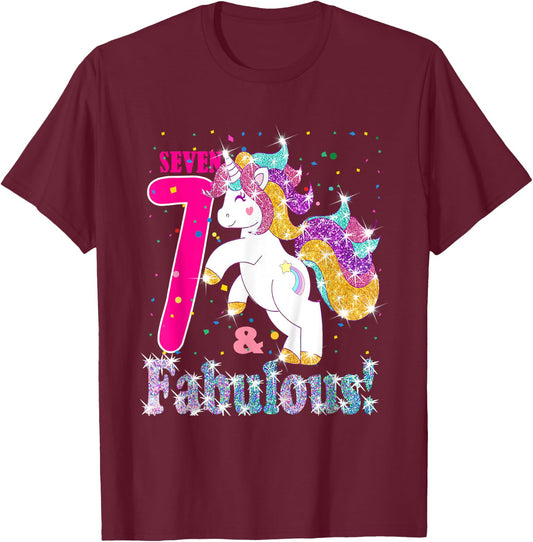 Kids I Am 7 And Fabulous Unicorn 7th Birthday Girls Gift T-Shirt - T-Shirt | Maroon