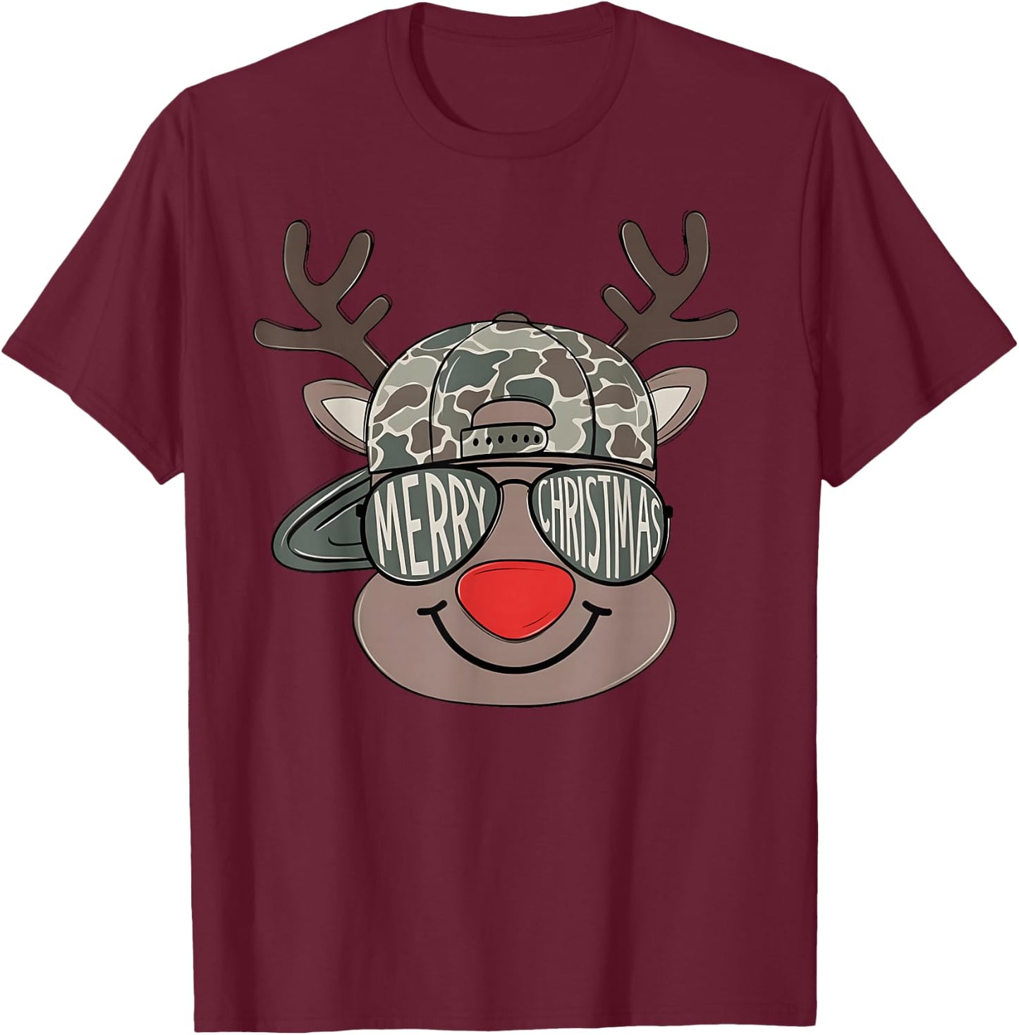 Boy Reindeer Hat Camo Hat Merry Christmas Xmas Boys Kids T-Shirt - T-Shirt | Maroon