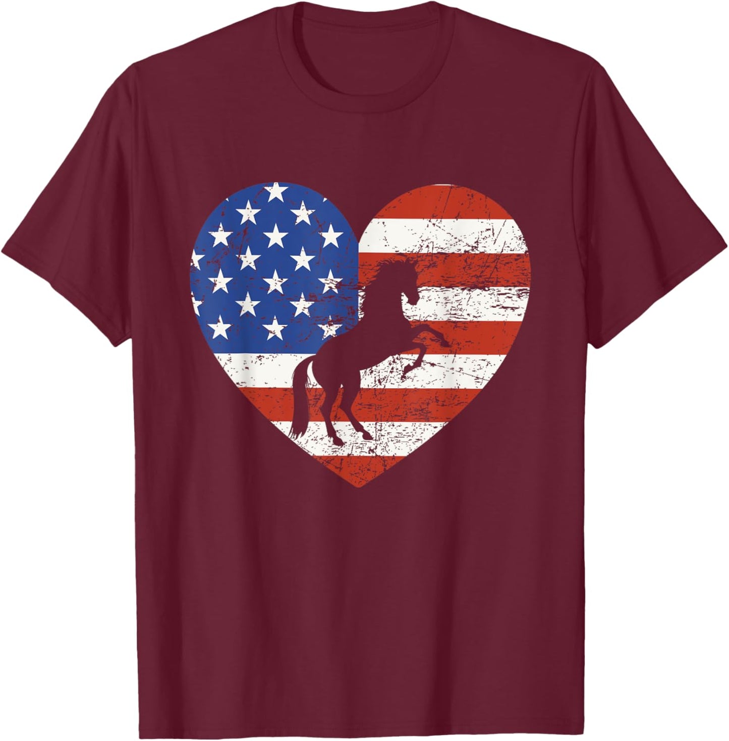 Horse American Flag Heart 4th of July USA Patriotic Pride T-Shirt - T-Shirt | Maroon