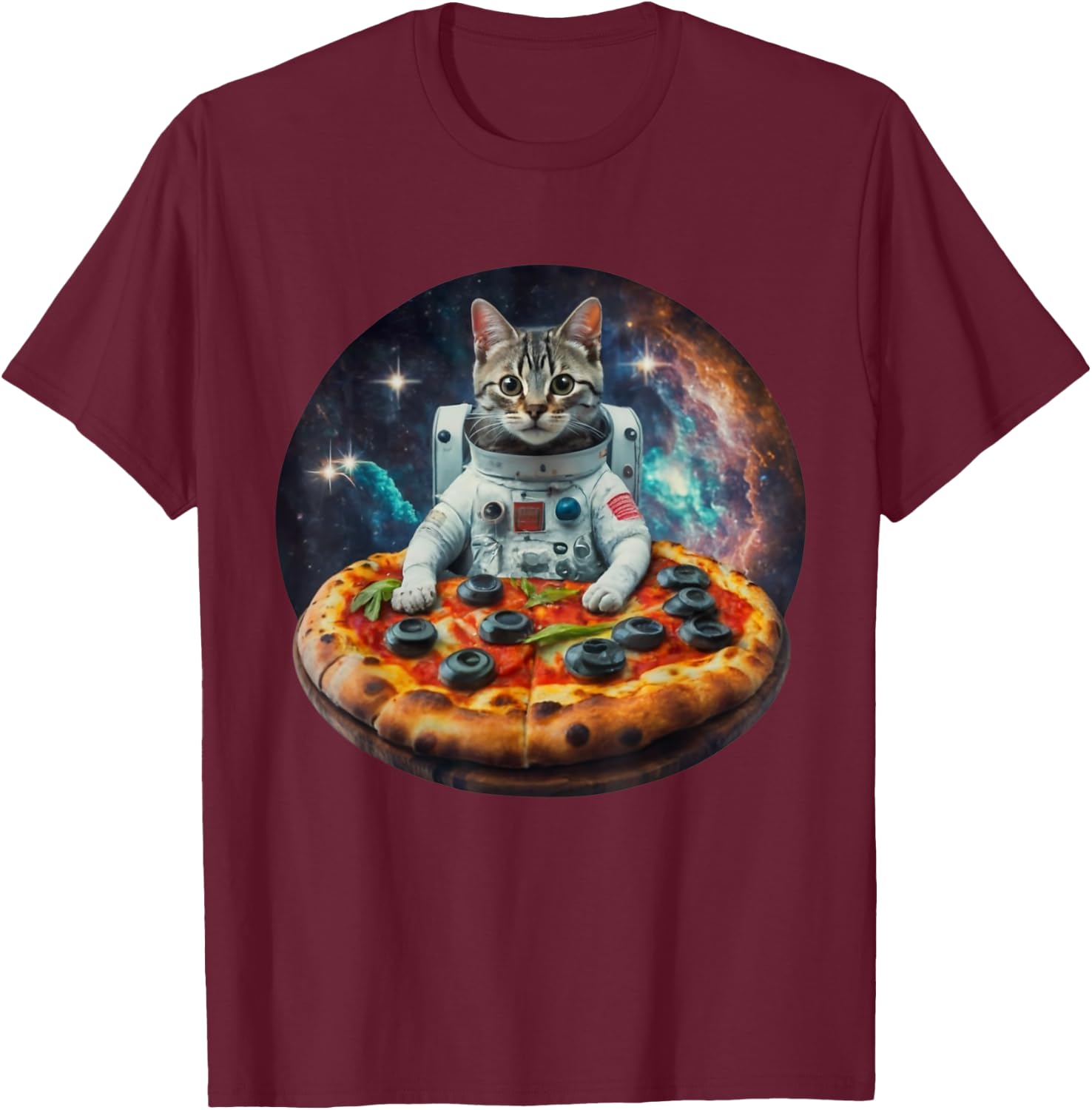 Funny Galaxy Cat Kitten Astronaut Eating Pizza In Space Women Girls Kids T-Shirt - T-Shirt | Maroon