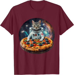 Funny Galaxy Cat Kitten Astronaut Eating Pizza In Space Women Girls Kids T-Shirt - T-Shirt | Maroon