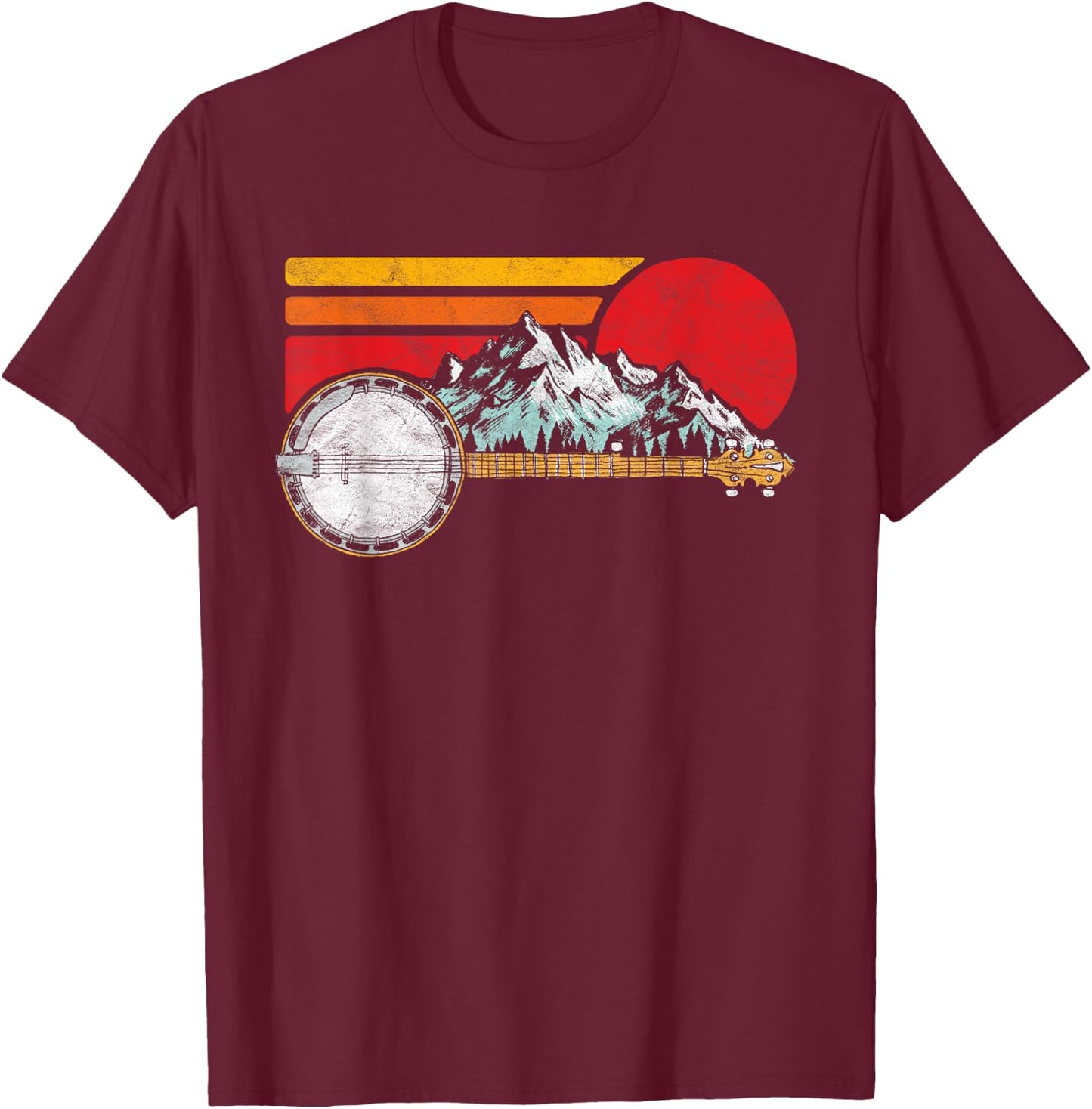 Retro Banjo Mountains & Sun Sketch Surf Style 80's Graphic T-Shirt - T-Shirt | Maroon