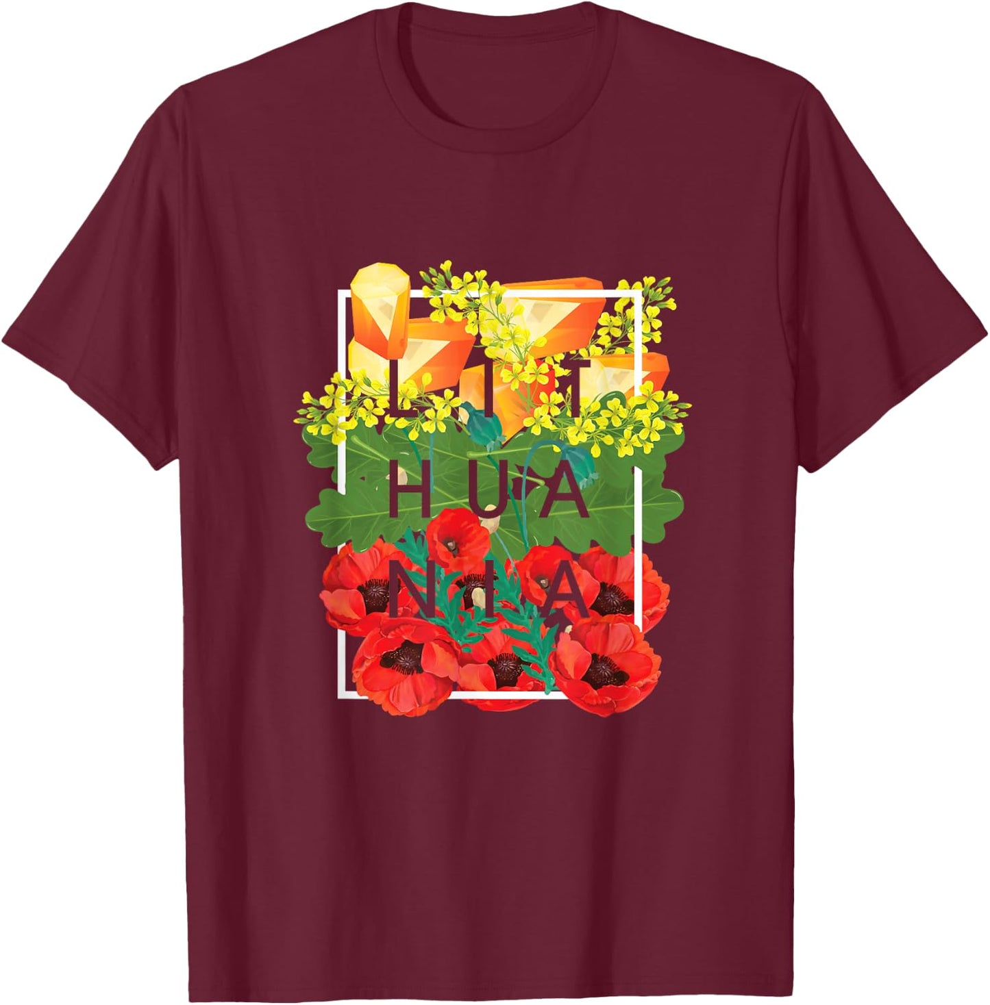 Flowers of Lithuania Word Art - Lithuanian Pride T-Shirt - T-Shirt | Maroon