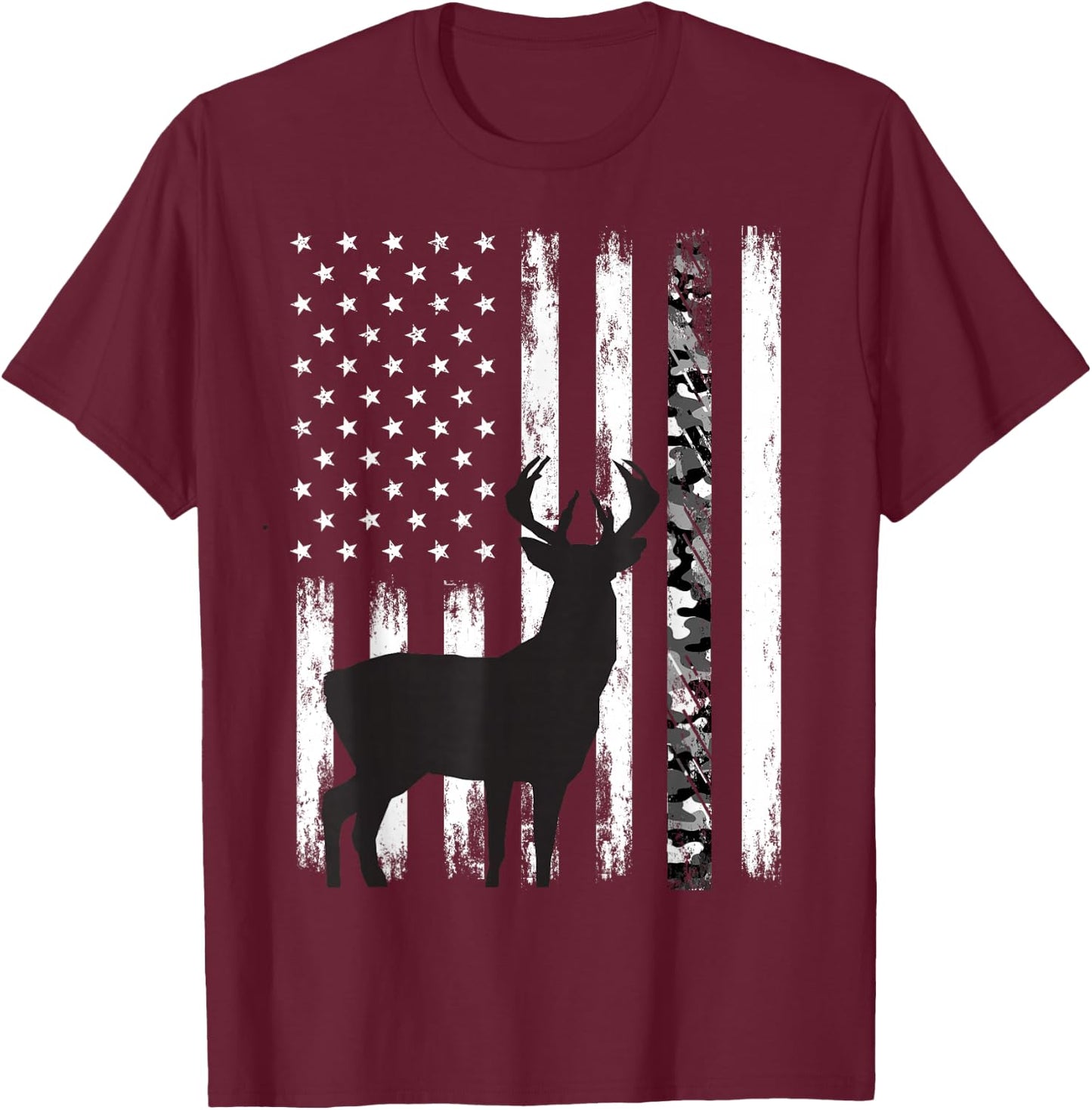Deer Hunting Hunter Camo USA American Flag Patriotic Graphic T-Shirt - T-Shirt | Maroon