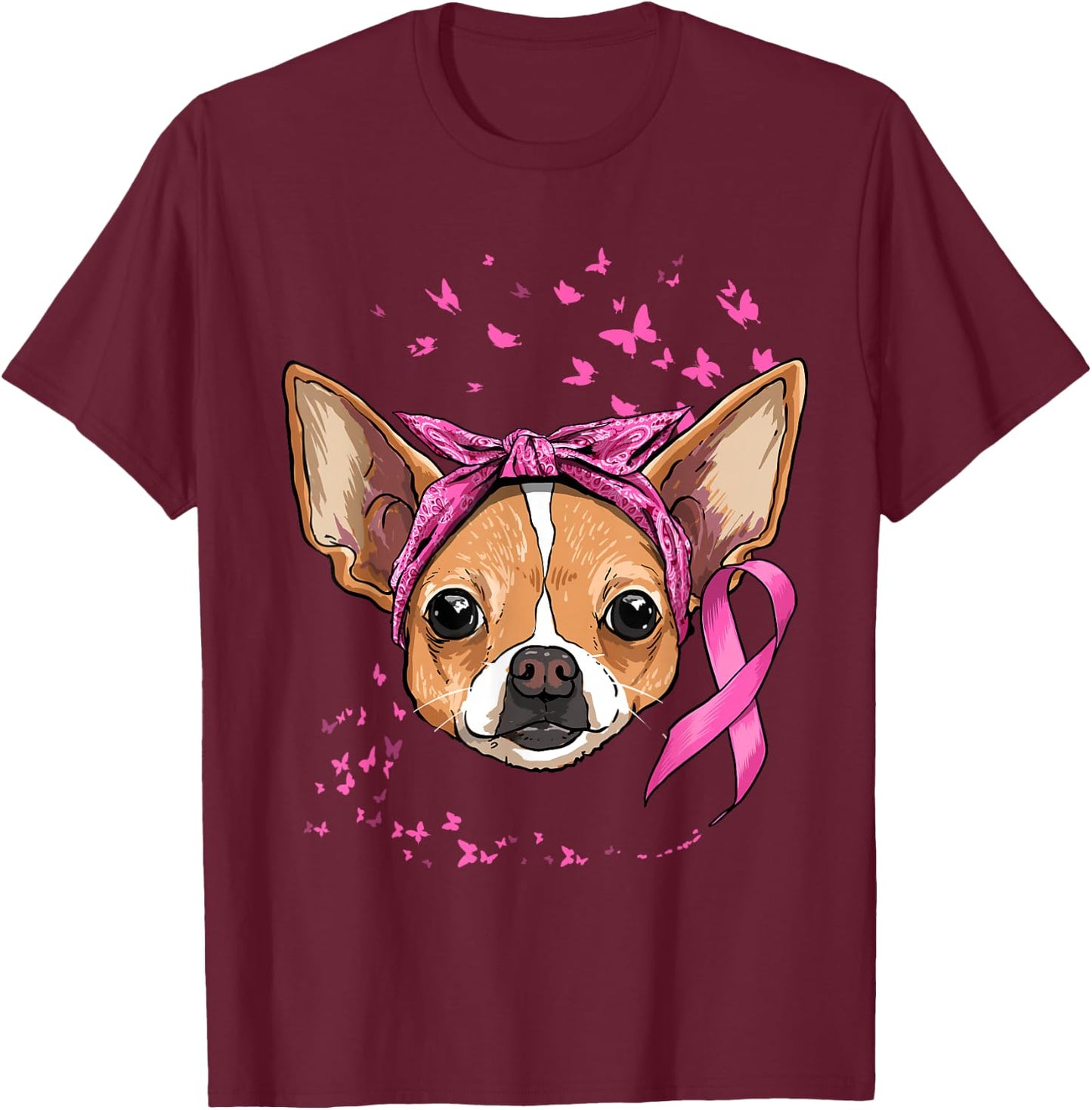 Breast Cancer Awareness Chihuahua Pink Ribbon Survivor Dog T-Shirt - T-Shirt | Maroon