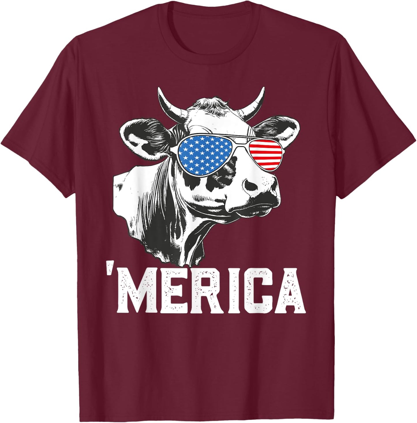 Merica Funny Cow American Flag Sunglasses Patriotic July 4th T-Shirt - T-Shirt | Maroon