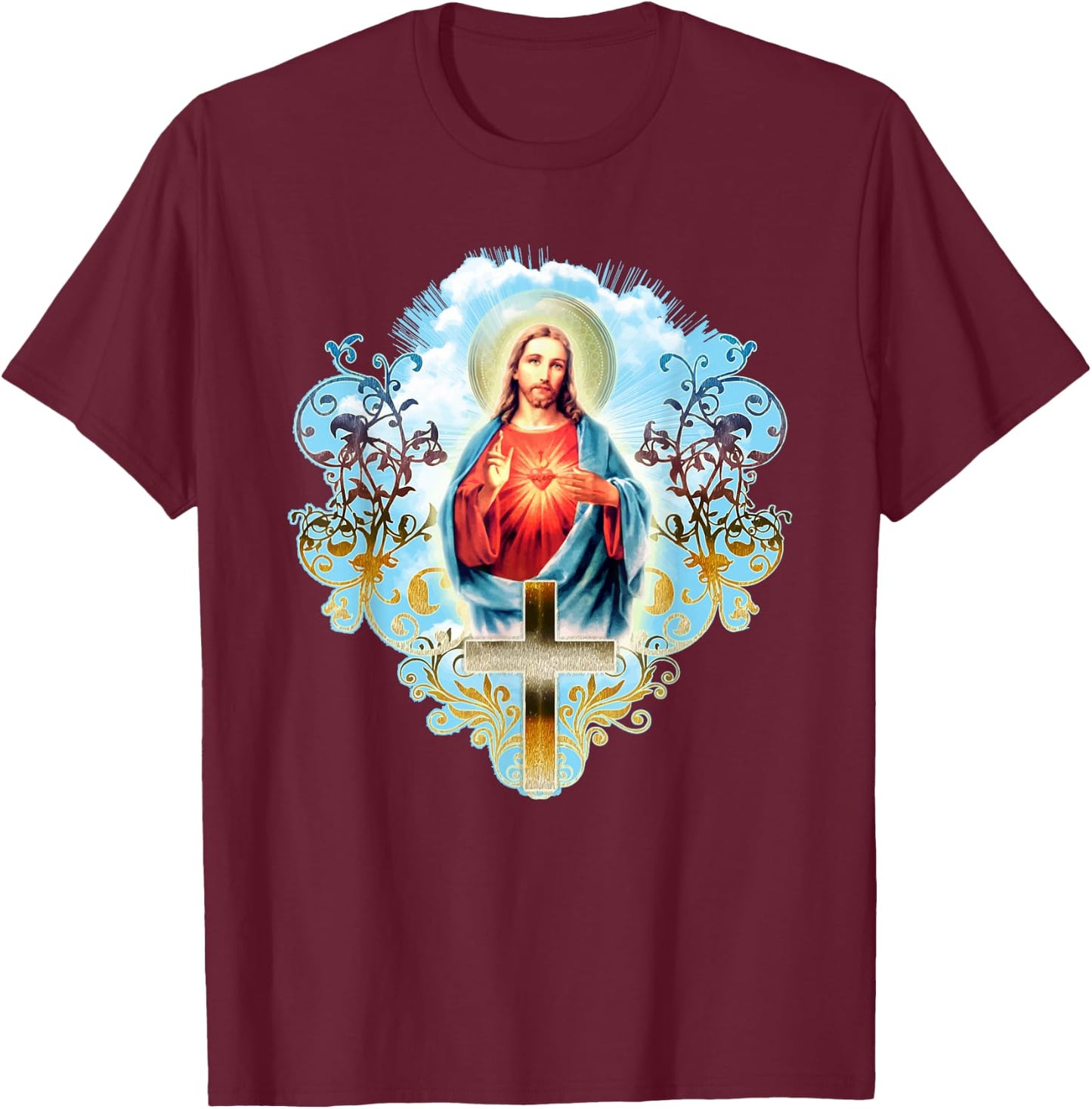 Heart Jesus Christ Vintage Cross Catholic Gifts T-Shirt - T-Shirt | Maroon