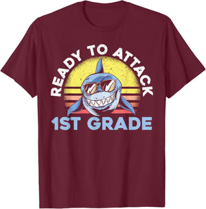 Ready To Attack 1st Grade Shark First Day Of School T-Shirt - T-Shirt | Maroon