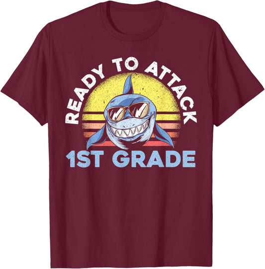 Ready To Attack 1st Grade Shark First Day Of School T-Shirt - T-Shirt | Maroon