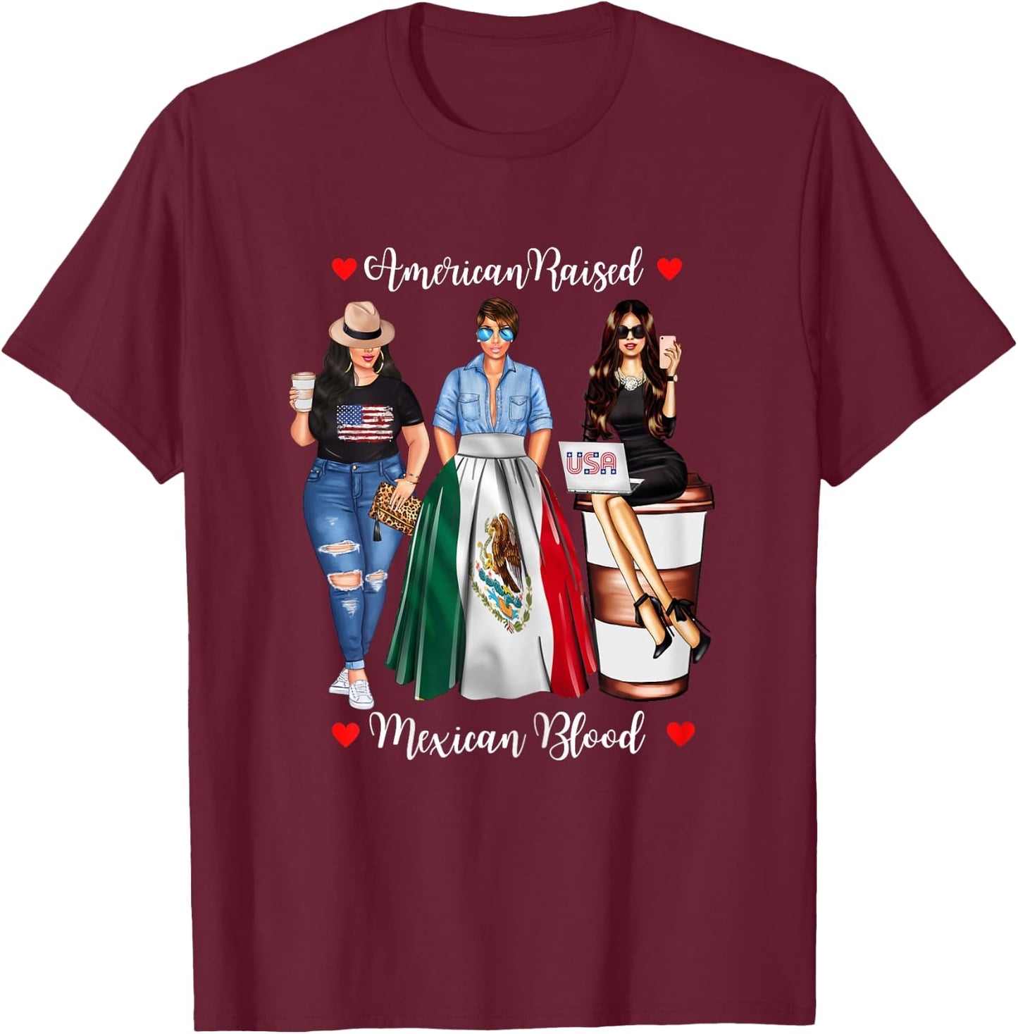 American Raised Mexican Blood USA Flag Patriotic Mexico Flag T-Shirt - T-Shirt | Maroon