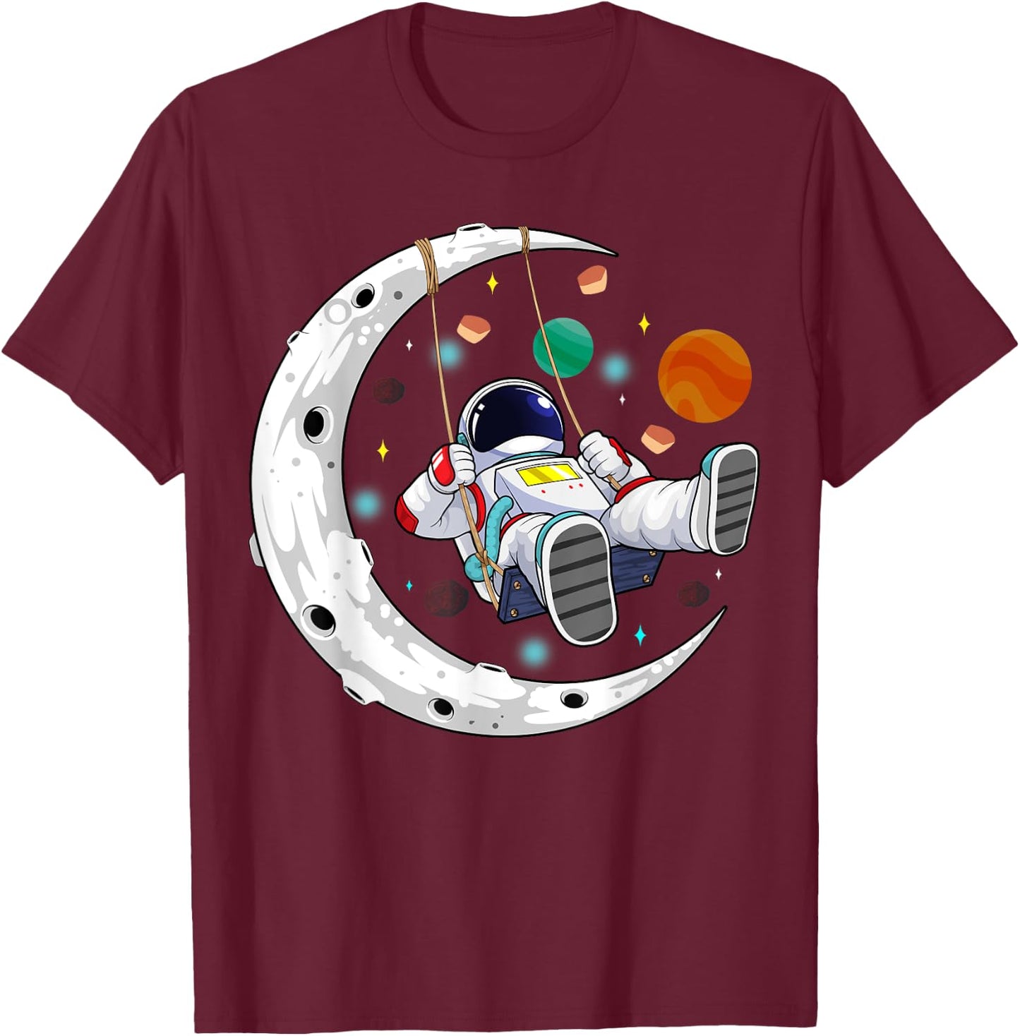 Moon Swing Astronaut Stars Space Man Galaxy Funny Astronomy T-Shirt - T-Shirt | Maroon