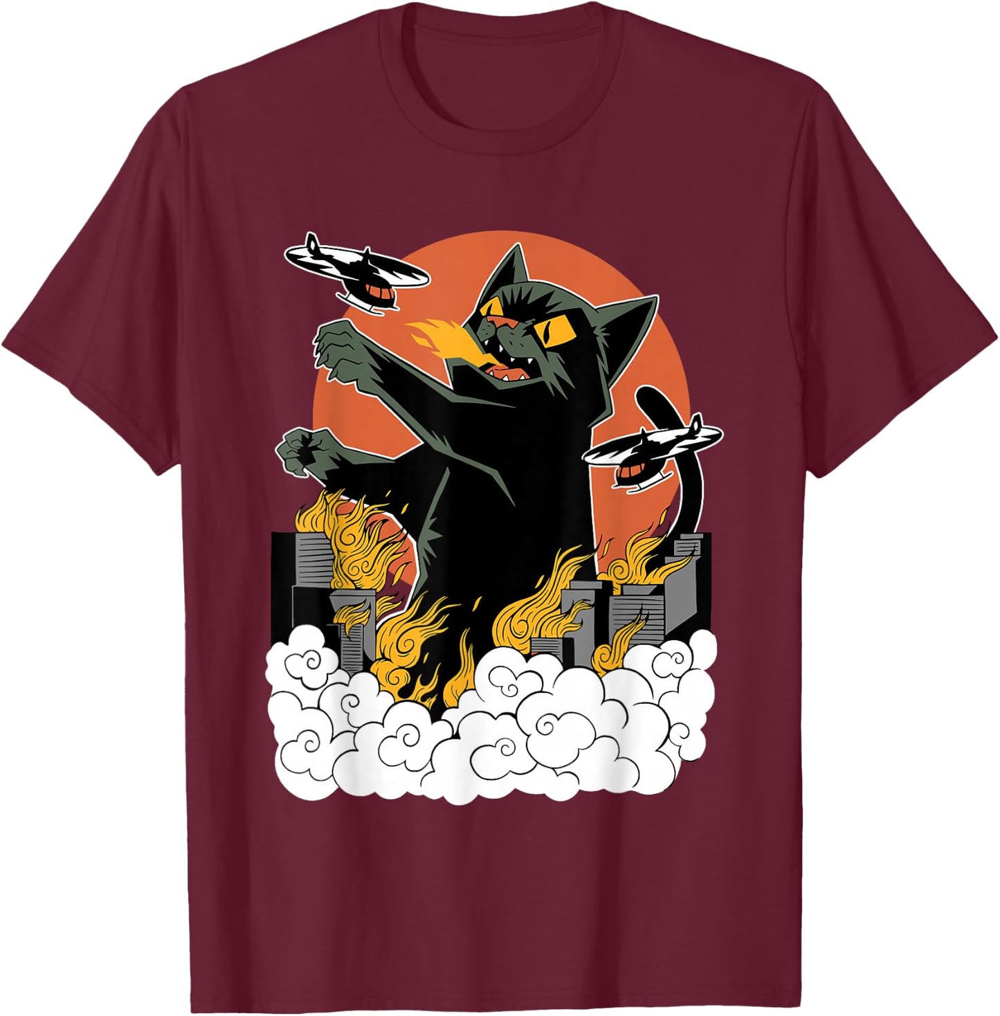 Black Japanese Catzilla Sunset - Classic Fit, , Cotton & Polyester Blend T-Shirt - T-Shirt | Maroon