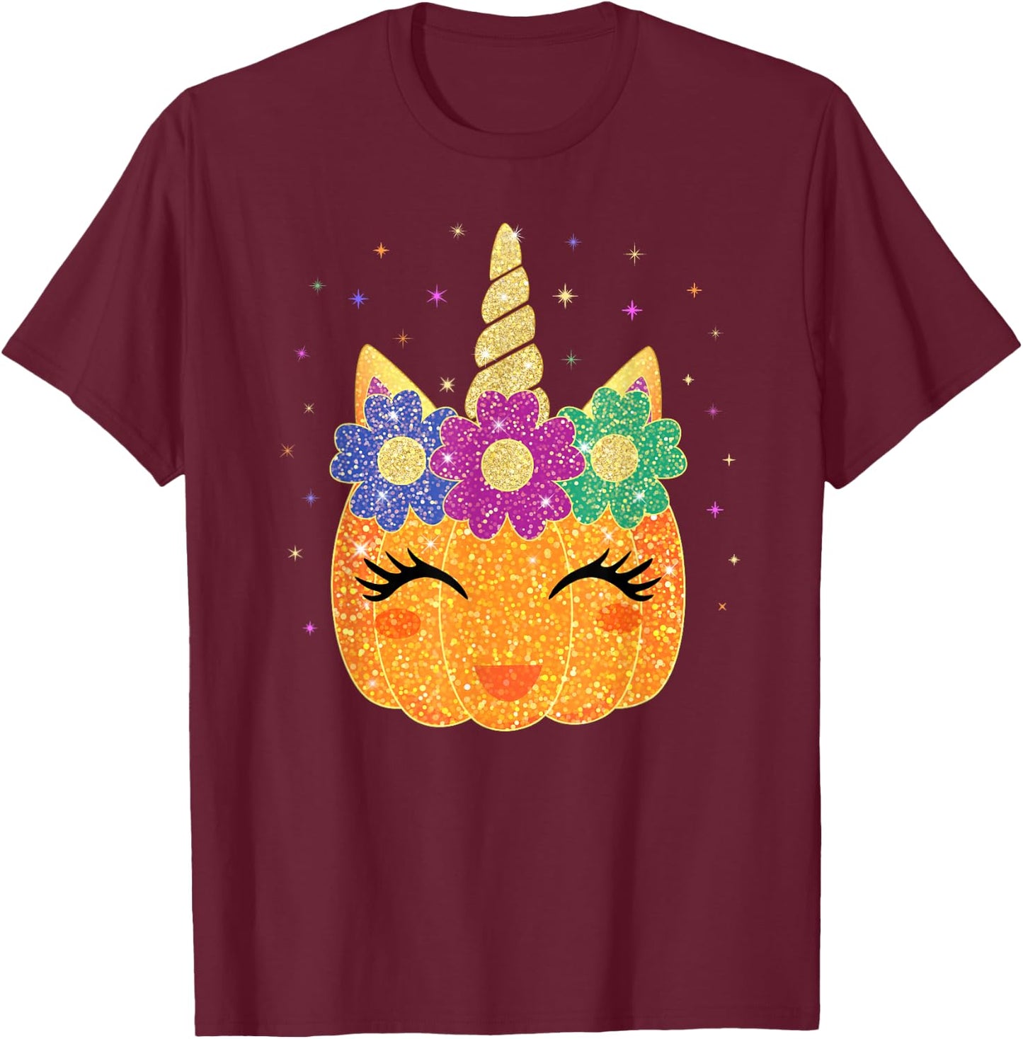 Unicorn Pumpkin Halloween Thanksgiving Girls Kids T-Shirt - T-Shirt | Maroon