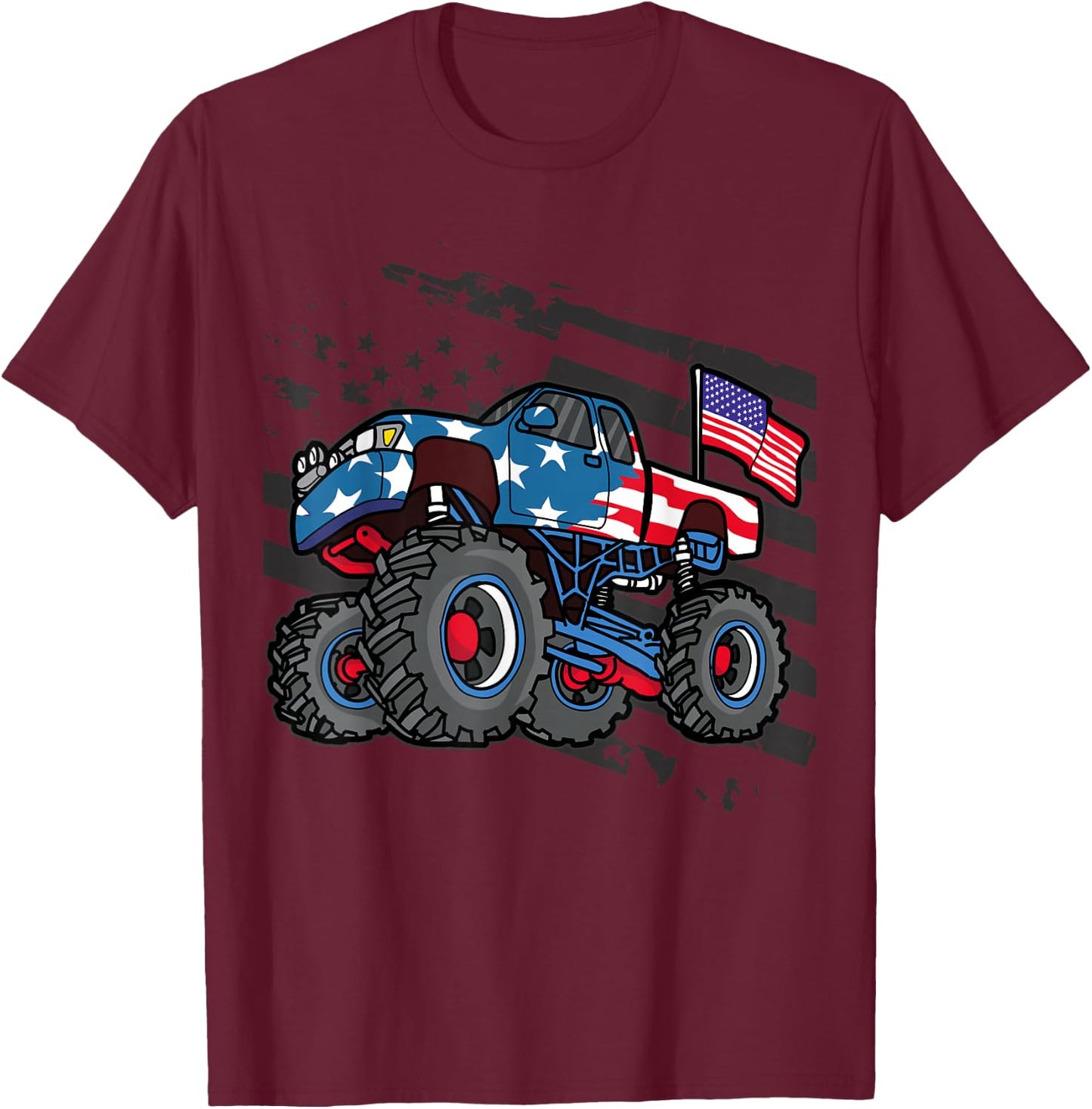 American Flag Trucker- Men Women Boys Monster Truck Racing T-Shirt - T-Shirt | Maroon